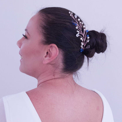 tocado lis-Oro rosa con perlas de vidrio y abalorios azules