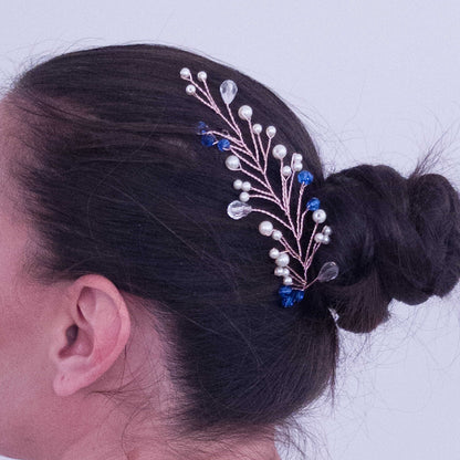 tocado lis-Oro rosa con perlas de vidrio y abalorios azules