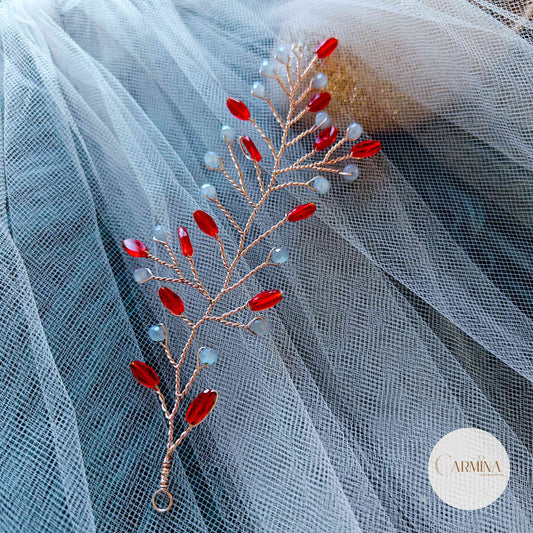 Tocado Tais | Guía Flexible Oro Rosa Con Cristales Rojos Y Aretes a Juego