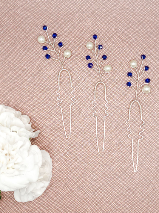 Tocado Mía |Trío De Headpins Plateado Con Cristales Azules Y Perlas De Vidrio Blancas