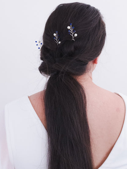 Tocado Mía |Trío De Headpins Plateado Con Cristales Azules Y Perlas De Vidrio Blancas