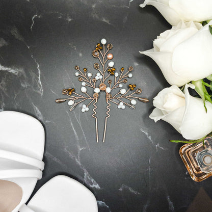 Tocado Amelie | Headpin Solitario Dorado Claro con Cristales en Blanco, Dorado, Naranja, Ámbar y Perla Nácar Palo Rosa