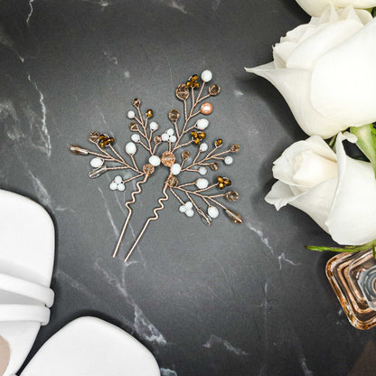 Tocado Amelie | Headpin Solitario Dorado Claro con Cristales en Blanco, Dorado, Naranja, Ámbar y Perla Nácar Palo Rosa