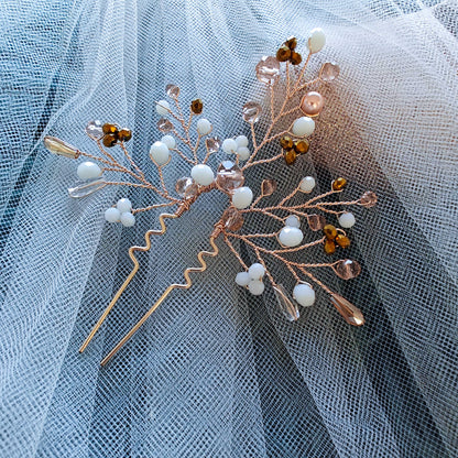 Tocado Amelie | Headpin Solitario Dorado Claro con Cristales en Blanco, Dorado, Naranja, Ámbar y Perla Nácar Palo Rosa