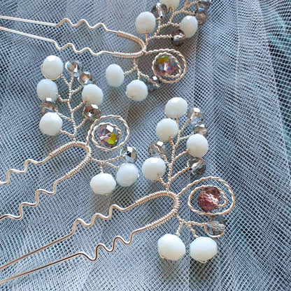 Tocado Bella | Trío de Hadpins y Aretes Plateados con Cristales Deslumbrantes