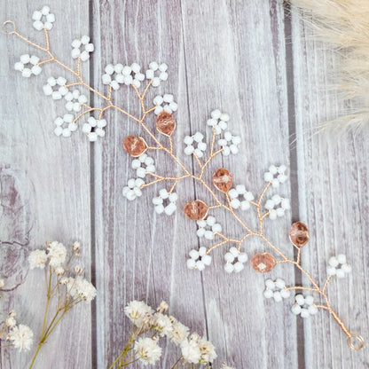 tocado irina-Dorado con blanco mate y cristal rosa