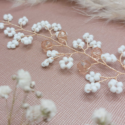 tocado irina-Dorado con blanco mate y cristal rosa