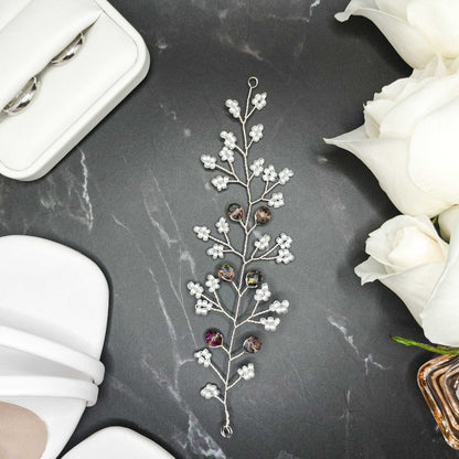 tocado irina-Plateado con blanco perlado cristal tornasol