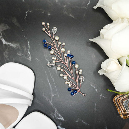 tocado lis-Oro rosa con perlas de vidrio y abalorios azules