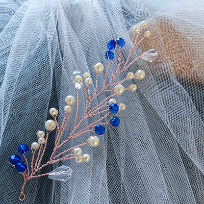 tocado lis-Oro rosa con perlas de vidrio y abalorios azules