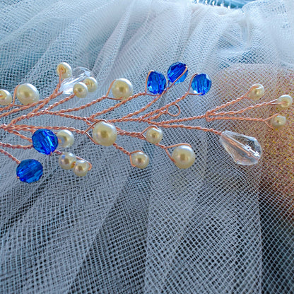 tocado lis-Oro rosa con perlas de vidrio y abalorios azules