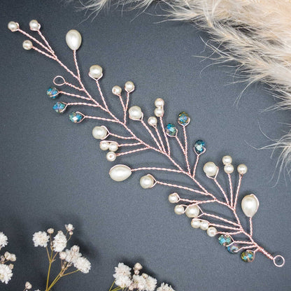 tocado lis-Oro rosa con perlas de vidrio y cristales celestes