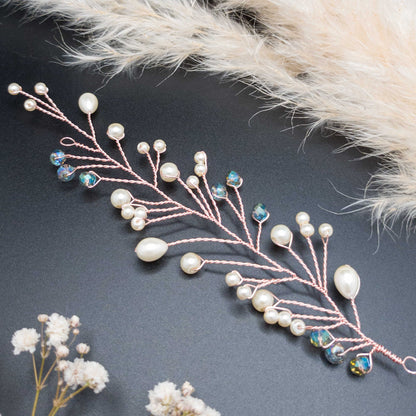 tocado lis-Oro rosa con perlas de vidrio y cristales celestes