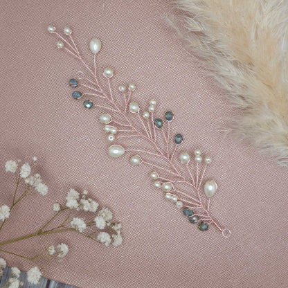 tocado lis-Oro rosa con perlas de vidrio y cristales celestes